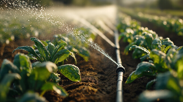 Automatic drip irrigation system in a vegetable field, Concept of smart farming, sustainable agribusiness, modern watering technology, and organic food cultivation, generative ai