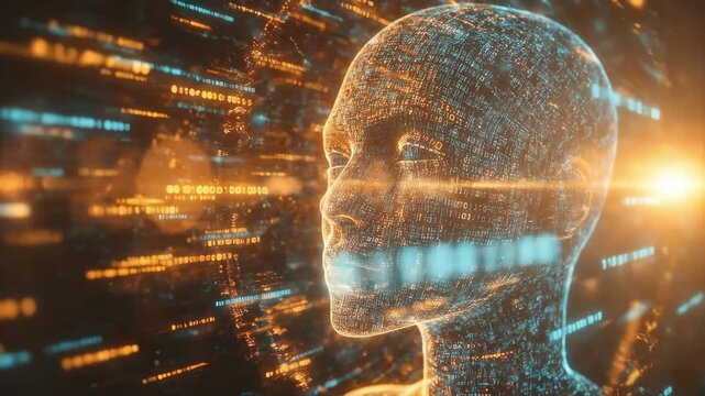 Futuristic digital human face with data and light effects