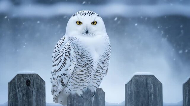 Snowy owl perched on fence in winter storm
