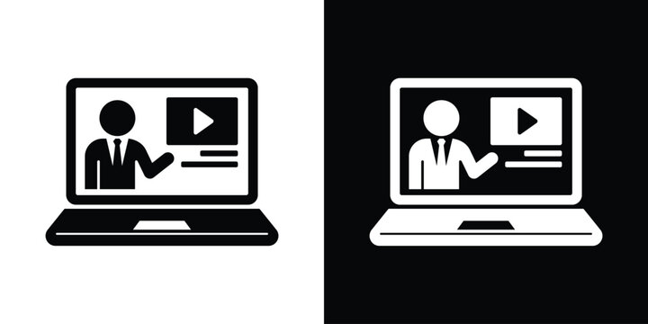 Laptop screen vector icon displaying a presenter and a video player, symbolizing online learning or a webinar.