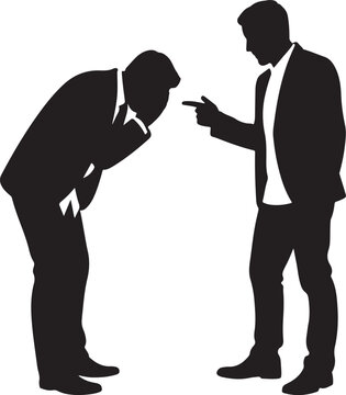 Strict boss blaming employee for mistake while businessman bows down showing respect and apologies