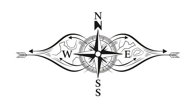 Decorative compass rose with vintage ornamental wings, navigation and travel concept