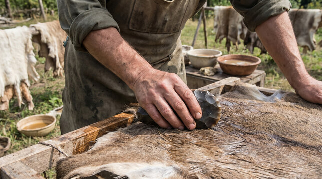 Ancient Craftsman Preparing Animal Hide with Stone Tool for Survival