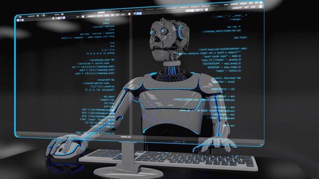 3d anomation of humanoid robot working on computer and writing code. Seamless loop of an artificial intelligence programmer in a high-tech office. Digital innovation and technology 