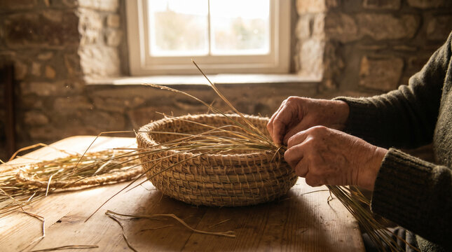 Artisan Hands Weaving Natural Fiber Basket on Wooden Table Indoors