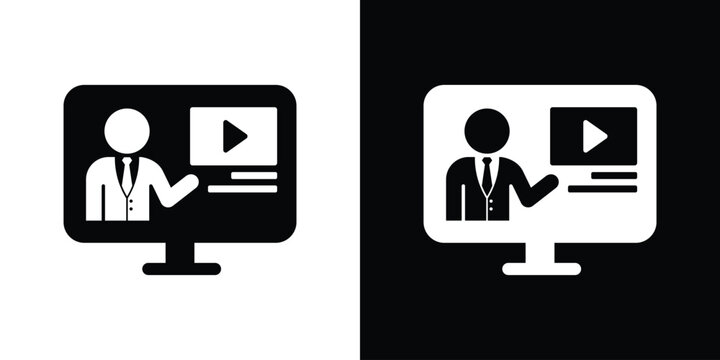 Laptop screen vector icon displaying a presenter and a video player, symbolizing online learning or a webinar.