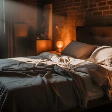 Cama deshecha con s&aacute;banas revueltas en un dormitorio r&uacute;stico con pared de ladrillo y un haz de luz solar matutina entrando por la ventana