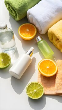Vista elevada de frascos de cosm&eacute;ticos para el cuidado natural de la piel con gotero, toallas enrolladas, rodajas de naranja fresca y lima sobre fondo blanco con sombras de sol