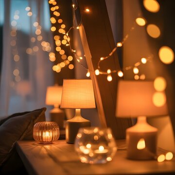 Ambiente acogedor con l&aacute;mparas de mesa, velas portavelas de vidrio y guirnaldas de luces LED encendidas por la noche