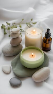 Bodeg&oacute;n de spa con piedras zen apiladas, velas arom&aacute;ticas encendidas y frasco cuentagotas sobre fondo blanco blando