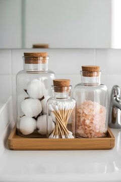 Frascos de vidrio con bolas de algod&oacute;n, bastoncillos y sales de ba&ntilde;o sobre una bandeja de bamb&uacute; en el lavabo