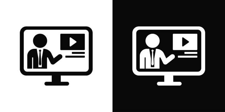 Laptop screen vector icon displaying a presenter and a video player, symbolizing online learning or a webinar.