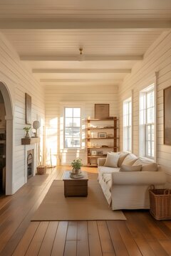 Sala de estar r&uacute;stica y elegante con paredes de madera blanca, vigas en el techo, sof&aacute;s claros y suelo de madera natural