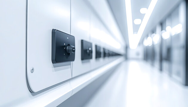 Modern server room hallway with rows of server racks and blinking status lights, technology infrastructure and data center concept