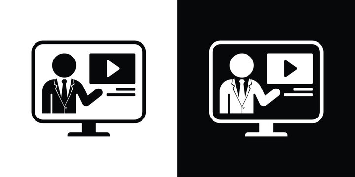 Laptop screen vector icon displaying a presenter and a video player, symbolizing online learning or a webinar.