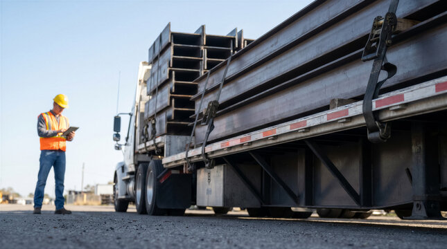 Construction worker using a digital tablet to inspect a flatbed truck loaded with steel ibeams at a construction site