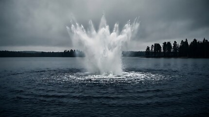 Naklejka premium A dramatic splash erupts from the dark, choppy water of a lake under a cloudy sky. Trees line the distant shore, adding a somber backdrop to the explosive event.