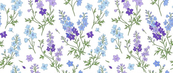 Fototapeta premium Seamless floral pattern with delphinium flowers in blue and purple hues delicate botanical illustration for fabric and wallpaper design