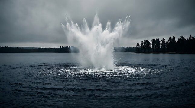 A dramatic splash erupts from the dark, choppy water of a lake under a cloudy sky. Trees line the distant shore, adding a somber backdrop to the explosive event.