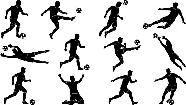 set of soccer players in various kicking and running poses with balls  action scenes