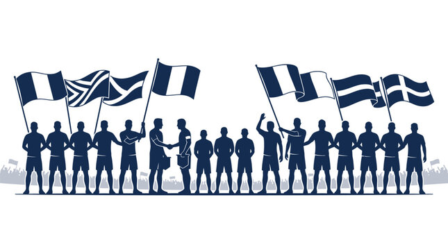 Silhouette of a crowd of people holding flags and celebrating outdoors in unity and solidarity