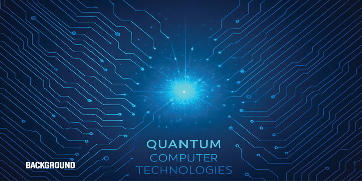 Abstract dark blue quantum computer technologies background with radiating light and circuit board pattern.