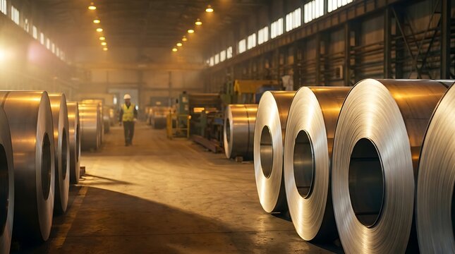 A warehouse full of large metal rolls, with a lone worker walking in the distance among the stacks