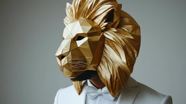 Man wearing geometric lion mask in white suit