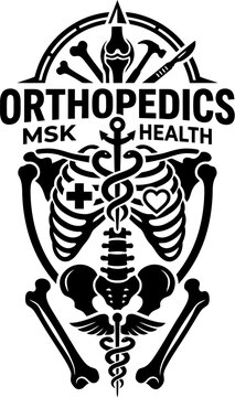 Orthopedics MSK health medical symbol with skeleton ribcage bones and surgical tools logo