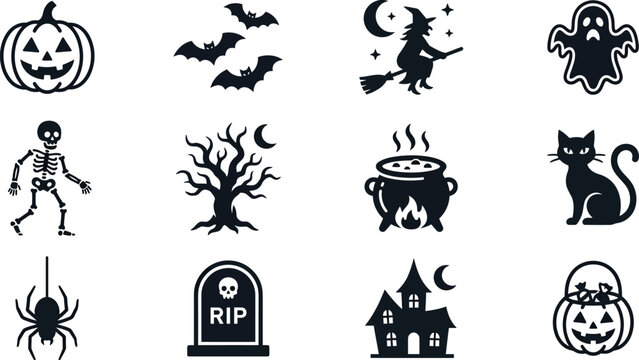 Halloween icons set including pumpkin skeleton witch ghost cat tree cauldron spider tombstone haunted house