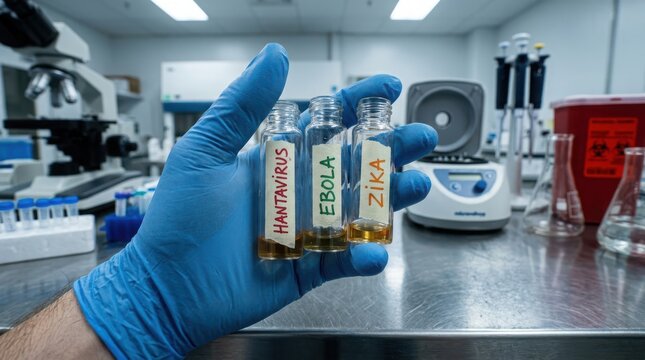 Hand in blue glove holding vials with hantavirus, ebola, and zika labels in a high-security laboratory environment.