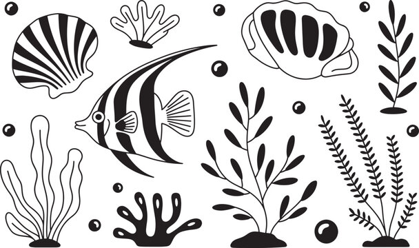 Underwater sea life set with tropical fish corals shells and aquatic plants for ocean theme patterns