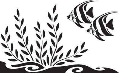 Fototapeta premium Angel fish swimming near aquatic plants silhouette decorative underwater wildlife scene vector graphic