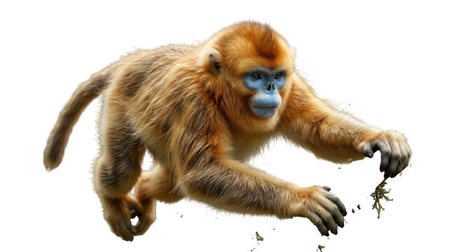 Golden snub-nosed monkey with vibrant orange fur and a distinct blue face, captured in a dynamic leaping pose against a solid black background