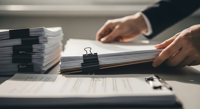 Hands sorting through a large stack of office documents