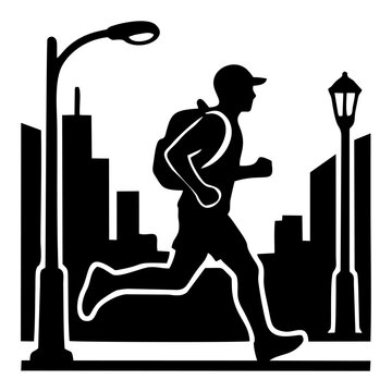Urban Runner Silhouette: A dynamic black silhouette captures a runner with a backpack, sprinting through an urban landscape with buildings and streetlights, conveying movement and city life.