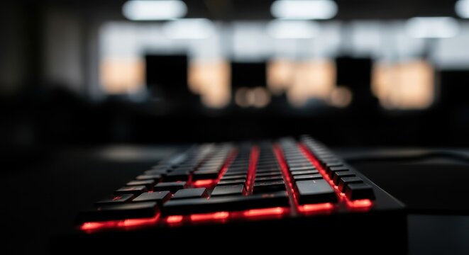 Close-up of a red illuminated computer keyboard with blurred background lights, perfect for tech and gaming themes.