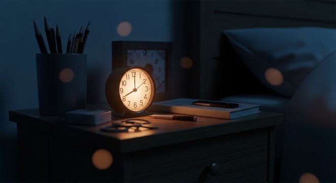 Illuminated vintage alarm clock on a dark bedside table next to a book and pens