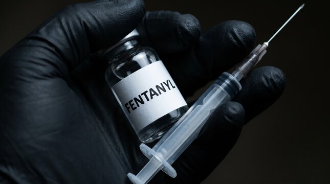 Close-up of a hand in a black glove holding a vial of fentanyl and a syringe. Concept of the opioid crisis, deadly drug overdose, and illegal narcotics trafficking