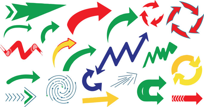 Collection of diverse arrows in various colors and styles indicates direction, movement, and progression.