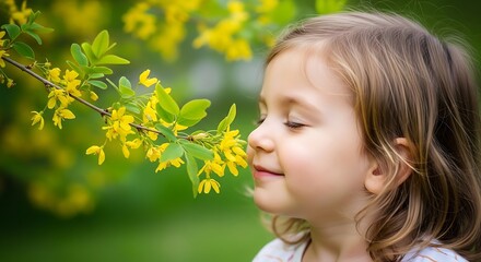 Fototapeta premium A young girl enjoys the scent of vibrant yellow blooms on a sunny outdoor day during summer vacation.