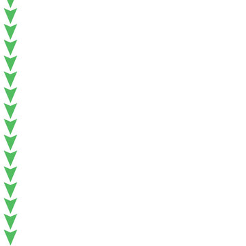 Green downward pointing arrows form a vertical line on a transparent background, A series of small, light green, downward-pointing arrow shapes are arranged in a single column, transparent png