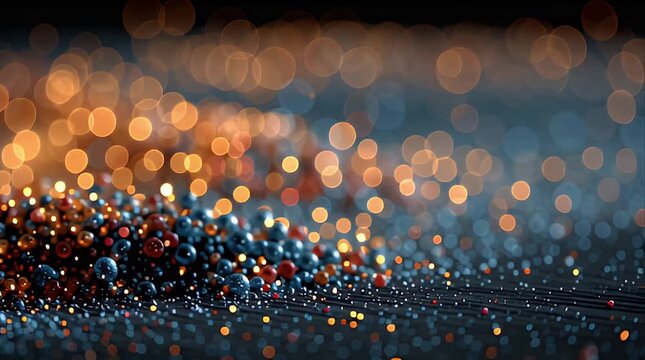 Macro tracking shot of glowing golden bokeh and spheres with no people