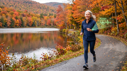 Obraz premium senior woman jogging in a park, wearing a pulse monitor. Healthy aging concept. Copy space for text