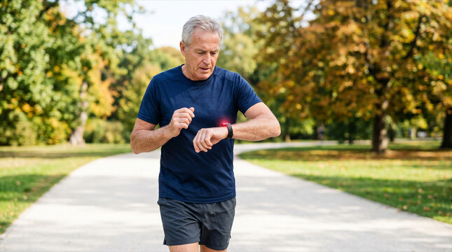 senior man jogging in a park, wearing a pulse monitor. Healthy aging concept. Copy space for text