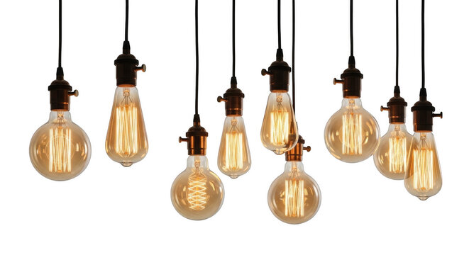 Group of hanging vintage edison light bulbs with glowing filaments, suspended against a solid black background, illuminated glass globes