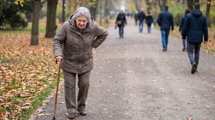 Obraz premium senior woman with a chronic pain walking in the park. aging concept. Copy space for a text