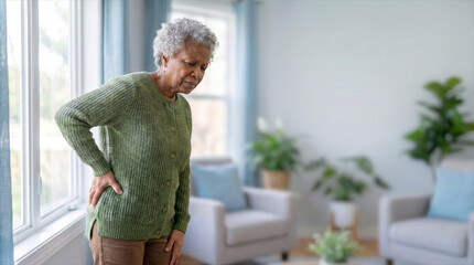 Fototapeta premium a senior woman has a hip bones pain on a light living room background. Copy space for text