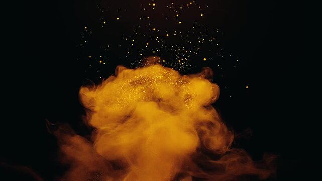 Abstract dynamic explosion of vibrant orange colored particles and smoke illuminated against a dark background in this captivating visual
