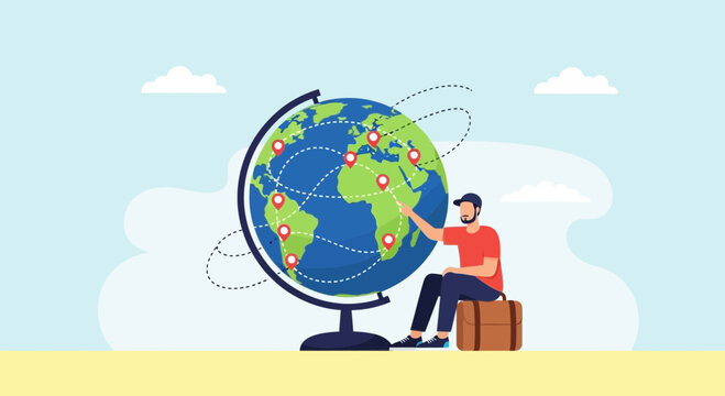 Man with suitcase planning world travel on globe with destination pins and flight paths